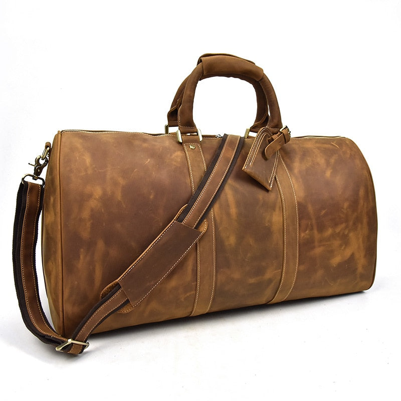 Zee Leather - Men's Crazy Horse Leather Travel Bag Cow Leather Big Travel Duffel Durable Cowhide Weekend Bag Man Genuine Leather Luggage Bag