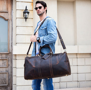 Zee Leather - Men's Crazy Horse Leather Travel Bag Cow Leather Big Travel Duffel Durable Cowhide Weekend Bag Man Genuine Leather Luggage Bag