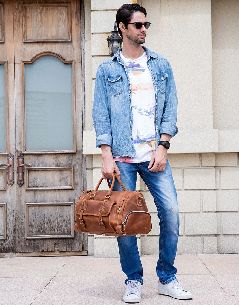 Zee Leather Men's Travel Bag With Shoe Pocket 20 inch Big Capacity Vintage Crazy Horse Leather Weekend luggage Messenger Bag