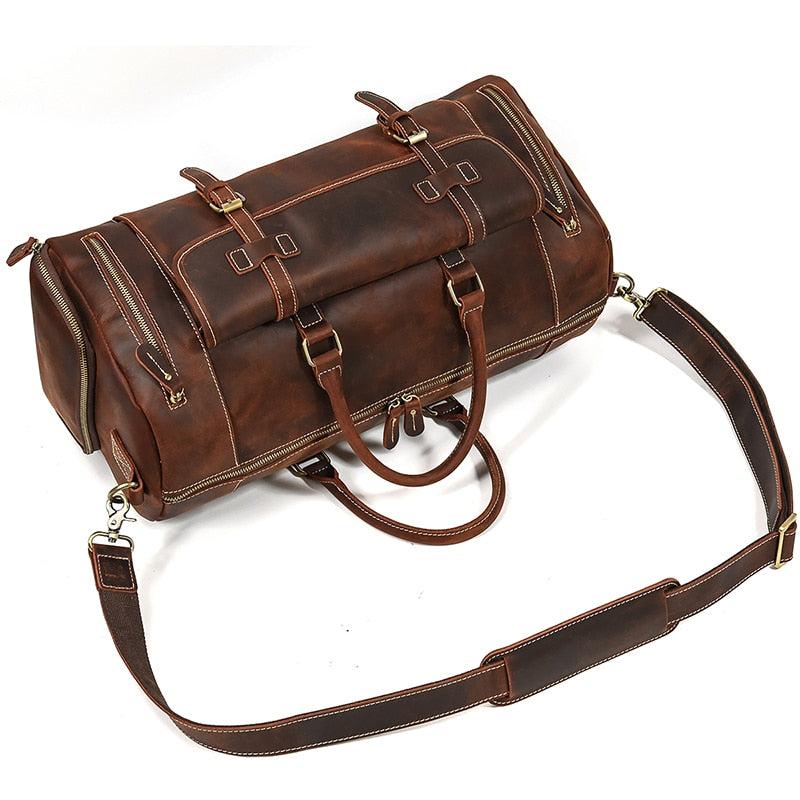 Zee Leather Men's Travel Bag With Shoe Pocket 20 inch Big Capacity Vintage Crazy Horse Leather Weekend luggage Messenger Bag