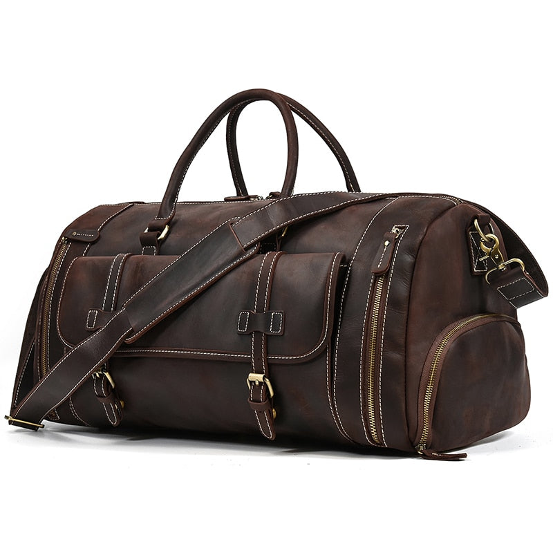 Zee Leather Men's Travel Bag With Shoe Pocket 20 inch Big Capacity Vintage Crazy Horse Leather Weekend luggage Messenger Bag