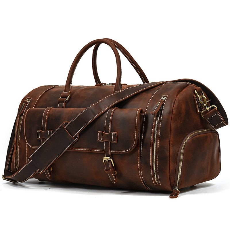 Zee Leather Men's Travel Bag With Shoe Pocket 20 inch Big Capacity Vintage Crazy Horse Leather Weekend luggage Messenger Bag