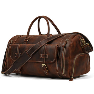 Zee Leather Men's Travel Bag With Shoe Pocket 20 inch Big Capacity Vintage Crazy Horse Leather Weekend luggage Messenger Bag